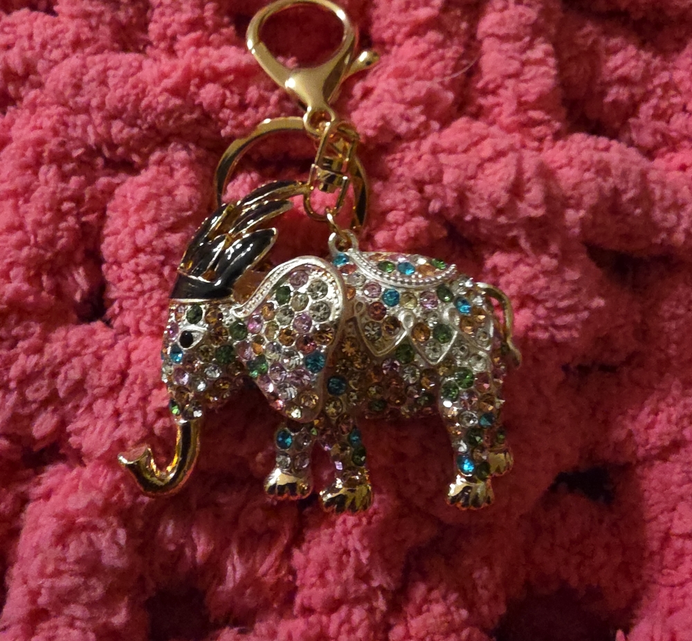 Gold Elephant Keychain with Multicolor Rhinestones